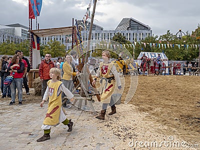 Magdeburg, Germany - 29.08.2014: Kaiser-Otto-Fest. Reconstruction of historical events. Spectacular jousting tournaments of riders Editorial Stock Photo