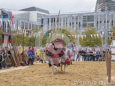 Magdeburg, Germany - 29.08.2014: Kaiser-Otto-Fest. Reconstruction of historical events of the city. Spectacular jousting Editorial Stock Photo