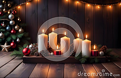 mage portrays Christmas decorations, tastefully arranged on a wooden table, complemented by the comforting glow of lit candles. Stock Photo