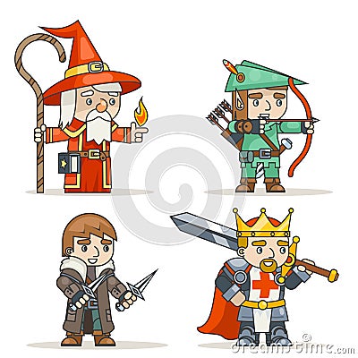 Mage warlock archer sharpshooter warrior king thief fantasy medieval action RPG game character isolated icon vector Vector Illustration