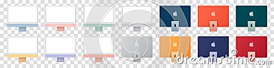 Big set of new iMac. New Apple iMac 2021. Desktop computer in front and back view. Editorial Vector Illustration