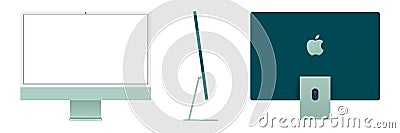 IMac 2021 desktop. New iMac computer. Front, side and back view. Apple computer in green. Vector Illustration