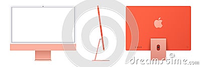 iMac 2021 desktop. New iMac computer. Front, side and back view. Apple computer in orange. Vector Illustration