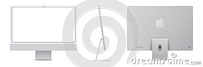 IMac 2021 desktop. New iMac computer. Front, side and back view. Apple computer in silver. Vector Illustration