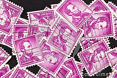 Magenta Abraham Lincoln Stamps Close Up Editorial Stock Photo