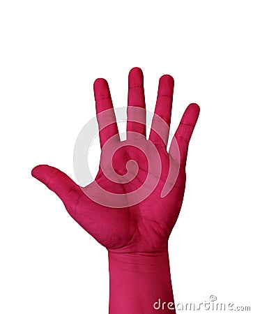 Magenta color hand show five finger isolated on white background Stock Photo