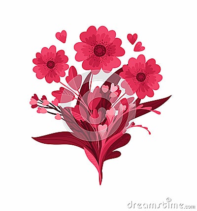 Magenta Floral Arrangement. Blooming Red and Pink meadow composition - flowers Cartoon Illustration