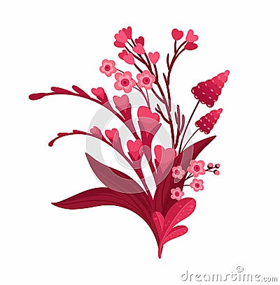 Magenta Floral Arrangement. Blooming Red and Pink meadow composition Cartoon Illustration