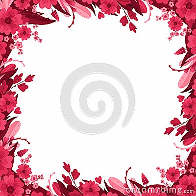 Magenta Floral Arrangements, Blank Template. Square Empty Frame with Blooming Flowers Vector Illustration