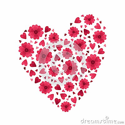 Magenta Floral Heart. Blooming Red and Pink Flowers and Petals Vector Illustration