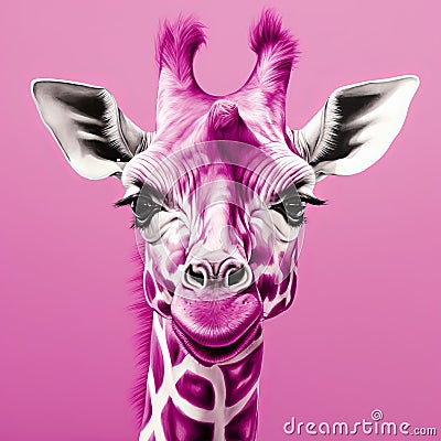 Magenta Giraffe: Hyper-realistic Contemporary Wall Art By Jonathan Wolstenholme Cartoon Illustration