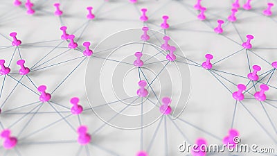 Magenta pushpins and threads composing complicated network on the pinboard. 3D rendering Stock Photo