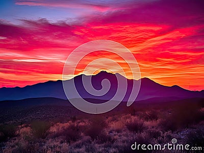 Magenta sunset over mountains Stock Photo