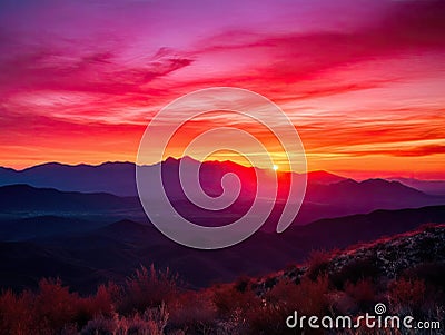 Magenta sunset over mountains Stock Photo