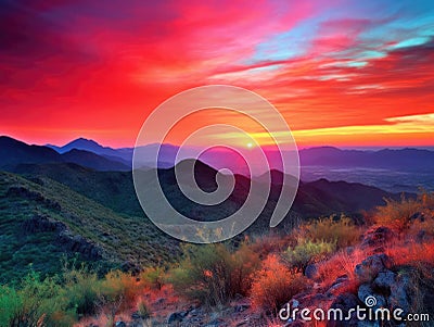 Magenta sunset over mountains Stock Photo