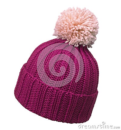 Magenta winter wool cap with light blue pom poms, isolated on white Stock Photo