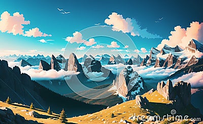 Magestic Snowy Mountains Fantasy Magical Illustration for children book. Generative AI Stock Photo