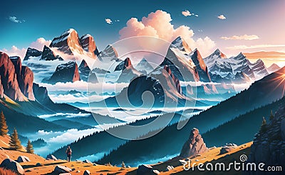 Magestic Snowy Mountains Fantasy Magical Illustration for children book. Generative AI Stock Photo