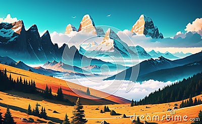 Magestic Snowy Mountains Fantasy Magical Illustration for children book. Generative AI Stock Photo