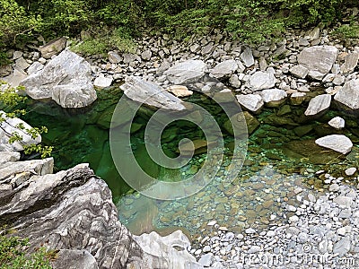 The Maggia river in the Maggia Valley or Valle Maggia Fluss Maggia im Maggiatal Stock Photo