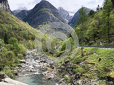 The Maggia river in the Maggia Valley or Valle Maggia or Maggiatal Fluss Maggia im Maggiatal Stock Photo