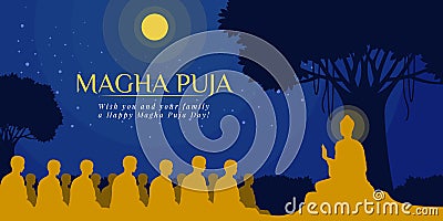 Magha puja day banner with Nightly scenery The Buddha giving a discourse on the full moon night vector design Vector Illustration