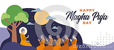 Magha puja day - The Lord Buddha sit under tree and giving monks in full moon night cute character style vector design Vector Illustration