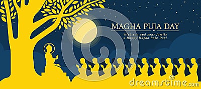 Magha puja day - The Lord Buddha sit under tree and giving 1,250monks in full moon night vector design Vector Illustration