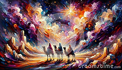 The Magi: Three Kings Led by the Bethlehem Star Across Surreal and Abstract Skies Stock Photo