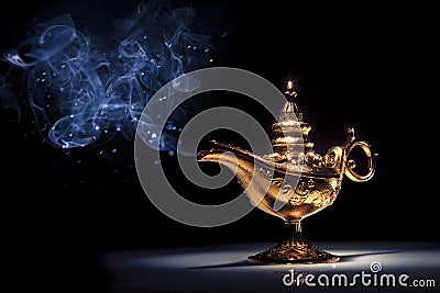 Magic Aladdin's Genie lamp on black with smoke Stock Photo