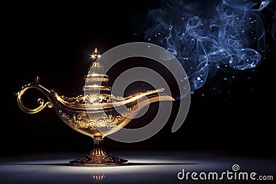 Magic Aladdin's Genie lamp on black with smoke Stock Photo