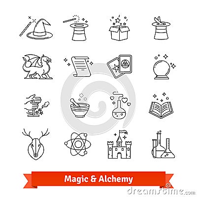 Magic and Alchemy thin line art icons set Vector Illustration