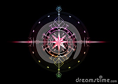 Magic ancient viking art deco, wind rose magic navigation compass ancient. Colorful metallic Compass navigation dial, isolated Vector Illustration