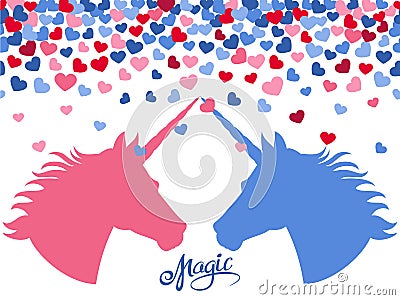 Magic background with falling hearts and two unicorns in love Vector Illustration