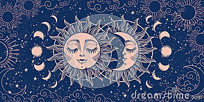 Magic background for tarot, astrology, magic. The device of the universe, crescent moon and sun with a face on a blue background. Cartoon Illustration