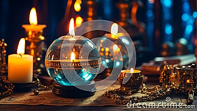 Magic ball, candles background witchcraft spiritual mystery mysticism magic esoteric Editorial Stock Photo