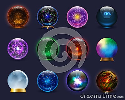 Magic ball vector magical crystal glass sphere and shiny lightning transparent orb as prediction soothsayer illustration Vector Illustration
