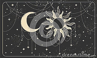 Magic banner for astrology on a cosmic background, fortune telling, magic. Divine universe, crescent moon and sun on a black Vector Illustration