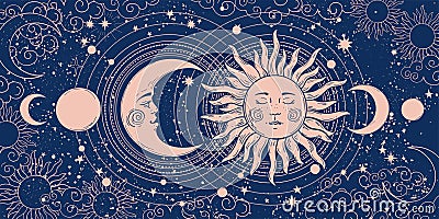 Magic banner for astrology, tarot, boho design. Universe art, crescent moon and sun on a blue background. Esoteric Vector Illustration