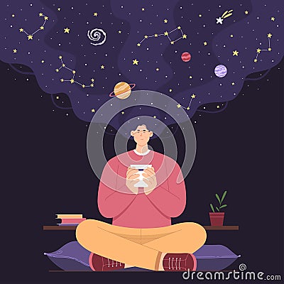 Magic beauty of space and universe inside, dream, meditation and self care of person Vector Illustration