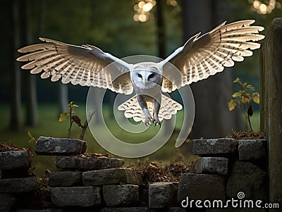 Magic bird barn Tito flying above stone fence in forest Wildlife scene Animal behaviour in wood Cartoon Illustration