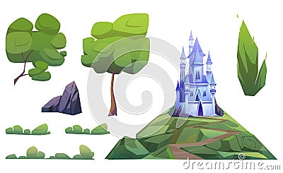 Magic blue castle and landscape elements Vector Illustration