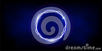 Magic blue ring of thunder storm blue lightnings. Magic and bright light effects electric circle. Round plasma frame Stock Photo