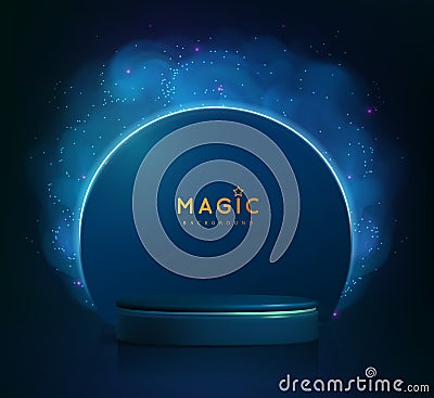 Magic blue showcase background with 3d podium and blue fog or steam. Glowing shiny trail. Vector Illustration