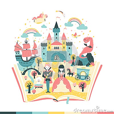 The magic book is a fairy tale. The story of the princess and the prince. The magic kingdom. Vetoonaya illustration in simple hand Cartoon Illustration