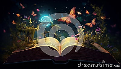 Magic book with flying butterflies. Fantasy and fairy tale concept Stock Photo