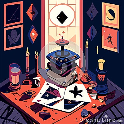 symbols, tarot cards, candles and crystal ball on table. Esoteric, alchemy, occultism, occultism vector illustration generative AI Vector Illustration