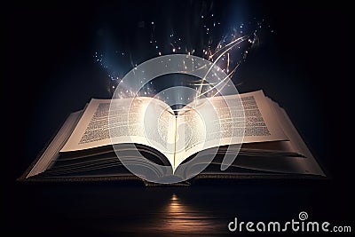 Magic Book With Open Pages And Abstract Lights Shini. Ai generative Stock Photo