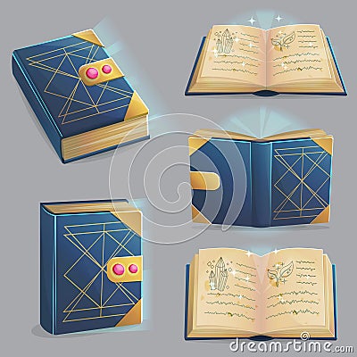 Magic book with spells in different positions. Vector Illustration