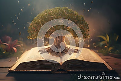Magic book tree knowledge. Generate Ai Stock Photo